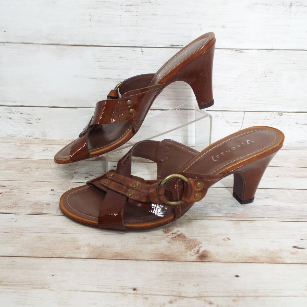 Vicenza Brown Leather Carmen Heeled Mule Sandals Size 39